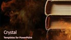  Presentation with stack books - Colorful slides enhanced with conceptual image of a tall stack of hardcover books in a burning fire with flames and smoke swirling around them in a darkened room with copyspace backdrop and a wine colored foreground