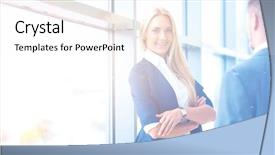  Presentation with two people holding hands - Audience pleasing presentation design consisting of conceptual success teamwork - two successful business people shaking backdrop and a sky blue colored foreground