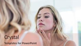  Presentation with mirror - Audience pleasing presentation consisting of concern - focused beautiful young woman looking backdrop and a coral colored foreground