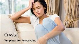  Presentation with home - Amazing PPT layouts having concern - frowning brunette sitting backdrop and a lemonade colored foreground