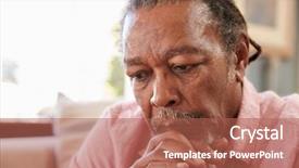  Presentation with depression - Slide deck having concern - senior man sitting on sofa background and a coral colored foreground