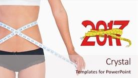  Presentation with new year - PPT layouts having concern figure - cheerful slim woman measuring her background and a sky blue colored foreground