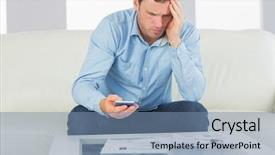  Presentation with living room - Presentation consisting of concern figure - upset casual man using calculator background and a seafoam green colored foreground