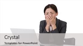  Presentation with business environment using laptops globe - Colorful theme enhanced with concern figure - worried business woman of asian backdrop and a light gray colored foreground