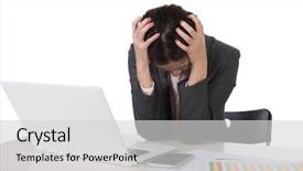  Presentation with business environment using laptops globe - PPT layouts enhanced with concern figure - worried business woman of asian background and a light gray colored foreground