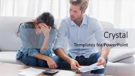  Presentation with living room - PPT theme enhanced with concern figure - worried couple doing their accounts background and a light blue colored foreground
