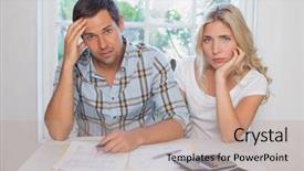  Presentation with home documents - Presentation design featuring concern figure - worried young couple with financial background and a coral colored foreground