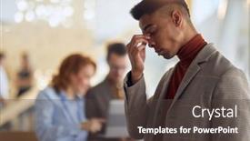  Presentation with job interview - Colorful slide set enhanced with concerned-young-job-candidate-standing backdrop and a tawny brown colored foreground