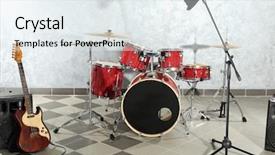  Presentation with venue - PPT theme enhanced with concert venue - drum set on brick wall background and a sky blue colored foreground