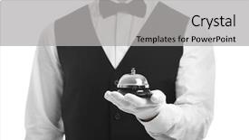  Presentation with trophy award hand holding - Colorful slide deck enhanced with concierge - bellboy holding bell on his backdrop and a  colored foreground