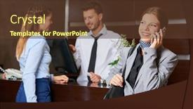  Presentation with front desk - Cool new PPT theme with concierge-services-guests backdrop and a tawny brown colored foreground