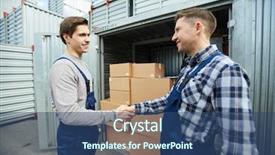  Presentation with shaking hands - PPT theme featuring overalls shaking hands while concluding background and a  colored foreground