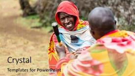  Presentation with hand shake telephone - PPT theme having massai men shaking hand concluding background and a lemonade colored foreground