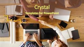  Presentation with analysis risk top view - Slides featuring businesswomen shaking hands after concluding background and a tawny brown colored foreground