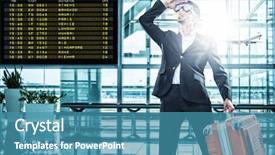  Presentation with business travel - Audience pleasing presentation theme consisting of concourse - funny business man ready backdrop and a teal colored foreground