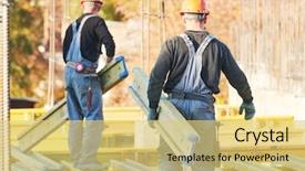  Presentation with building construction - Colorful slide deck enhanced with construction workers at building area backdrop and a yellow colored foreground