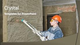  Presentation with golden revetment wall putty high - Theme enhanced with concrete building - plasterer operating sprayer equipment machine background and a gray colored foreground