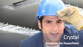  Presentation with construction worker harassment workplace - Beautiful PPT theme featuring construction worker in a hardhat backdrop and a ocean colored foreground