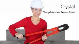  Presentation with masonry - Presentation theme enhanced with concrete masonry unit - woman holding large pliers background and a white colored foreground