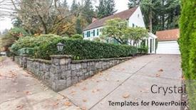 Presentation with residential - Presentation design enhanced with concrete road near front yard of residential building in portland background and a soft green colored foreground