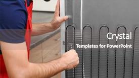  Presentation with refrigerator - Slides with condensation - male technician repairing refrigerator indoors background and a gray colored foreground