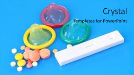  Presentation with condoms - Presentation having condoms pregnancy test and control background and a cyan colored foreground
