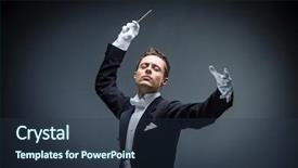  Presentation with young man and a woman - Audience pleasing theme consisting of conductor - young man in tuxedo conducting backdrop and a tawny brown colored foreground