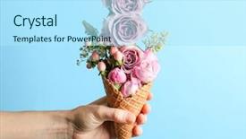  Presentation with hand holding flowers - Audience pleasing theme consisting of cone with composition of flowers backdrop and a arctic colored foreground