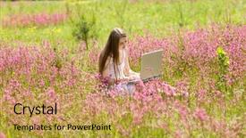  Presentation with solution - Colorful slide deck enhanced with brainpower - girl works with wi-fi solution backdrop and a yellow colored foreground