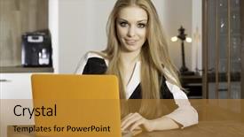  Presentation with laptop - Cool new slide set with conectivities - portrait of a smiling young backdrop and a  colored foreground