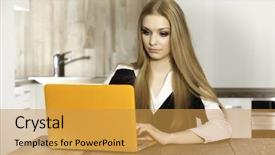  Presentation with laptop - Amazing presentation theme having conectivities - portrait of a smiling young backdrop and a yellow colored foreground