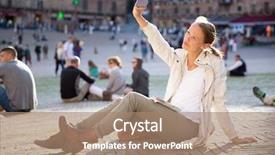  Presentation with smart city - Cool new slide deck with contexte - young woman messaging using app backdrop and a coral colored foreground