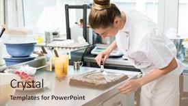  Presentation with real woman hair texture human - Cool new PPT theme with confectionary - confectioner woman getting chocolate cake backdrop and a coral colored foreground