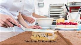  Presentation with cake brownies for kids - PPT layouts enhanced with confectionary - confectioner woman getting chocolate cake background and a coral colored foreground