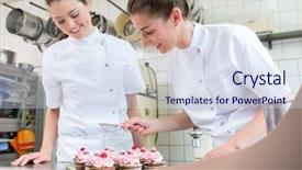  Presentation with muffins - Beautiful PPT theme featuring confectionary - two baker women in pastry backdrop and a sky blue colored foreground