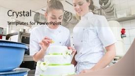  Presentation with workshop - PPT layouts consisting of confectionary - two pastry bakers decorating large background and a soft green colored foreground