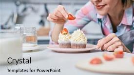  Presentation with strawberry - Colorful PPT layouts enhanced with confectionary - young female putting strawberry half backdrop and a  colored foreground