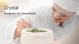  Presentation with cooking - Colorful PPT theme enhanced with confectioner cooking desserts at kitchen backdrop and a sky blue colored foreground