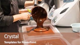  Presentation with chocolate shop - Amazing PPT theme having confectioner filling mold with chocolate backdrop and a red colored foreground