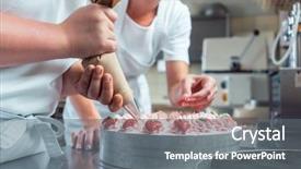  Presentation with cake - Slides having confectioner or pastry chefs finishing background and a gray colored foreground