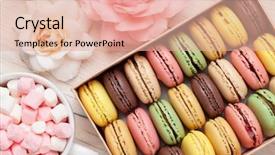  Presentation with confectionery - Presentation theme having confectionery - colorful macaroons in a gift background and a coral colored foreground