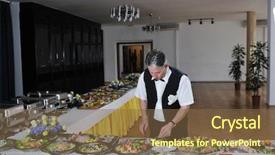  Presentation with food preparation - Presentation with conference banqueting - catering buffet food party preparation background and a tawny brown colored foreground