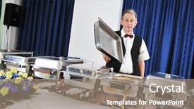  Presentation with food preparation - Beautiful presentation theme featuring conference banqueting - catering buffet food party preparation backdrop and a  colored foreground