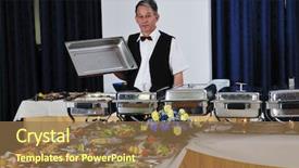  Presentation with food preparation - Audience pleasing slides consisting of conference banqueting - catering buffet food party preparation backdrop and a coral colored foreground