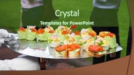  Presentation with snacks - Presentation design consisting of conference banqueting - waiter serving delicious snacks outdoors background and a tawny brown colored foreground