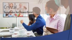  Presentation with video conference - Cool new slide deck with conference-call-with-video-conference backdrop and a coral colored foreground