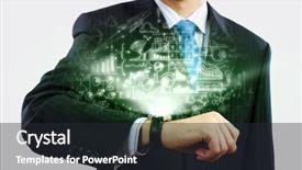  Presentation with innovations - PPT layouts enhanced with conference clock - businessman looking at wristwatch media background and a wine colored foreground