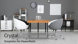  Presentation with modern reflective office buildings - PPT theme having conference clock - modern office interior with wooden background and a  colored foreground