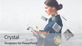  Presentation with work - Beautiful presentation design featuring conference clock - young beautiful business woman backdrop and a light gray colored foreground