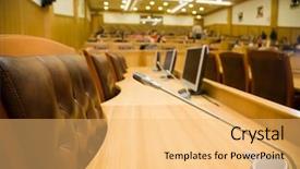 Presentation with microphones - PPT theme consisting of conference halls with magnificent leather armchairs and wooden tables with microphones and monitors close up background and a yellow colored foreground